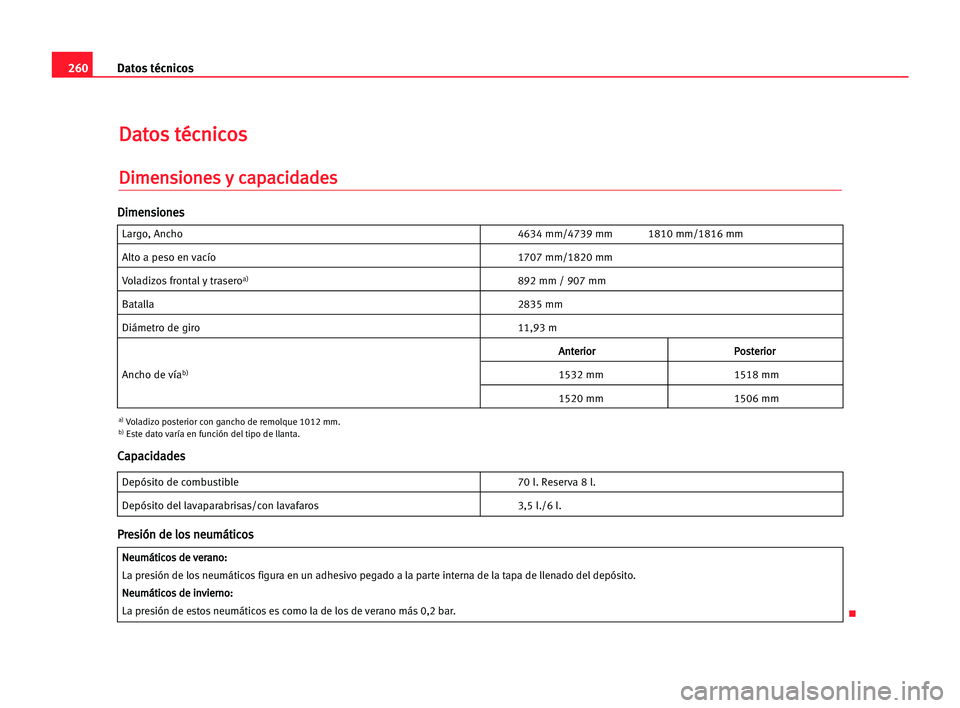 Seat Alhambra 2005 Manual del propietario (in Spanish) 260Datos técnicos
D
Da
at
to
os
s tté
éc
cn
ni
ic
co
os
s
D
Di
im
me
en
ns
si
io
on
ne
es
s yy cca
ap
pa
ac
ci
id
da
ad
de
es
s
Largo, Ancho 4634 mm/4739 mm 1810 mm/1816 mm
Alto a peso en vacío 17 Seat Alhambra 2005 Manual del propietario (in Spanish) 260Datos técnicos
D
Da
at
to
os
s tté
éc
cn
ni
ic
co
os
s
D
Di
im
me
en
ns
si
io
on
ne
es
s yy cca
ap
pa
ac
ci
id
da
ad
de
es
s
Largo, Ancho 4634 mm/4739 mm 1810 mm/1816 mm
Alto a peso en vacío 17