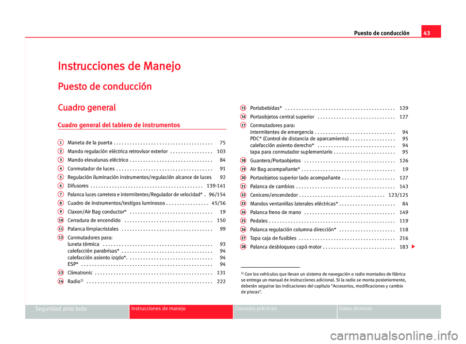 Seat Alhambra 2005 Manual del propietario (in Spanish) Puesto de conducción43
Seguridad ante todoInstrucciones de manejo Consejos prácticos Datos técnicos
I In
ns
st
tr
ru
uc
cc
ci
io
on
ne
es
s dde
e MMa
an
ne
ej
jo
o
P
Pu
ue
es
st
to
o dde
e cco
on
n Seat Alhambra 2005 Manual del propietario (in Spanish) Puesto de conducción43
Seguridad ante todoInstrucciones de manejo Consejos prácticos Datos técnicos
I In
ns
st
tr
ru
uc
cc
ci
io
on
ne
es
s dde
e MMa
an
ne
ej
jo
o
P
Pu
ue
es
st
to
o dde
e cco
on
n