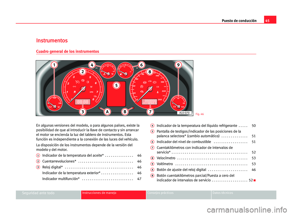 Seat Alhambra 2005 Manual del propietario (in Spanish) Puesto de conducción45
Seguridad ante todoInstrucciones de manejo Consejos prácticos Datos técnicos
En algunas versiones del modelo, o para algunos países, existe la
posibilidad de que al introduc Seat Alhambra 2005 Manual del propietario (in Spanish) Puesto de conducción45
Seguridad ante todoInstrucciones de manejo Consejos prácticos Datos técnicos
En algunas versiones del modelo, o para algunos países, existe la
posibilidad de que al introduc