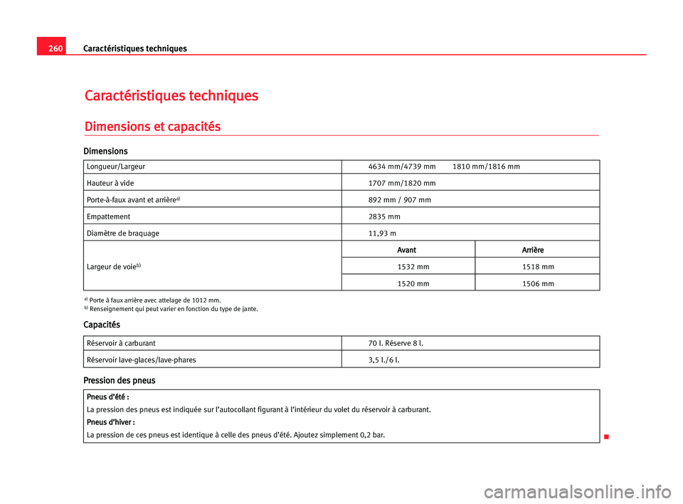 Seat Alhambra 2005 Manuel du propriétaire (in French) 260Caractéristiques techniques
C
Ca
ar
ra
ac
ct
té
ér
ri
is
st
ti
iq
qu
ue
es
s tte
ec
ch
hn
ni
iq
qu
ue
es
s
D
Di
im
me
en
ns
si
io
on
ns
s eet
t cca
ap
pa
ac
ci
it
té
és
s
Longueur/Largeur4634 Seat Alhambra 2005 Manuel du propriétaire (in French) 260Caractéristiques techniques
C
Ca
ar
ra
ac
ct
té
ér
ri
is
st
ti
iq
qu
ue
es
s tte
ec
ch
hn
ni
iq
qu
ue
es
s
D
Di
im
me
en
ns
si
io
on
ns
s eet
t cca
ap
pa
ac
ci
it
té
és
s
Longueur/Largeur4634