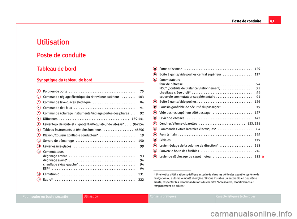 Seat Alhambra 2005  Manuel du propriétaire (in French)  Poste de conduite43
Pour rouler en toute sécuritéUtilisation Conseils pratiques Caractéristiques techniques
U Ut
ti
il
li
is
sa
at
ti
io
on
n
P
Po
os
st
te
e dde
e cco
on
nd
du
ui
it
te
e
T
Ta
ab
b