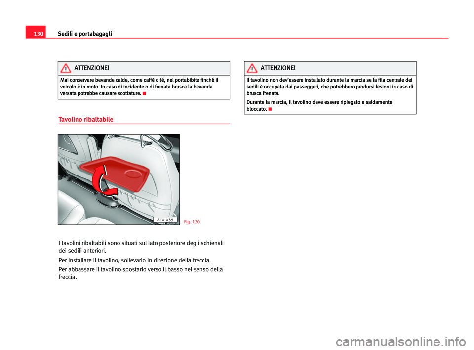 Seat Alhambra 2005 Manuale del proprietario (in Italian) Sedili e portabagagli130
Tavolino ribaltabile
I tavolini ribaltabili sono situati sul lato posteriore degli schienali
dei sedili anteriori.
Per installare il tavolino, sollevarlo in direzione della fr Seat Alhambra 2005 Manuale del proprietario (in Italian) Sedili e portabagagli130
Tavolino ribaltabile
I tavolini ribaltabili sono situati sul lato posteriore degli schienali
dei sedili anteriori.
Per installare il tavolino, sollevarlo in direzione della fr