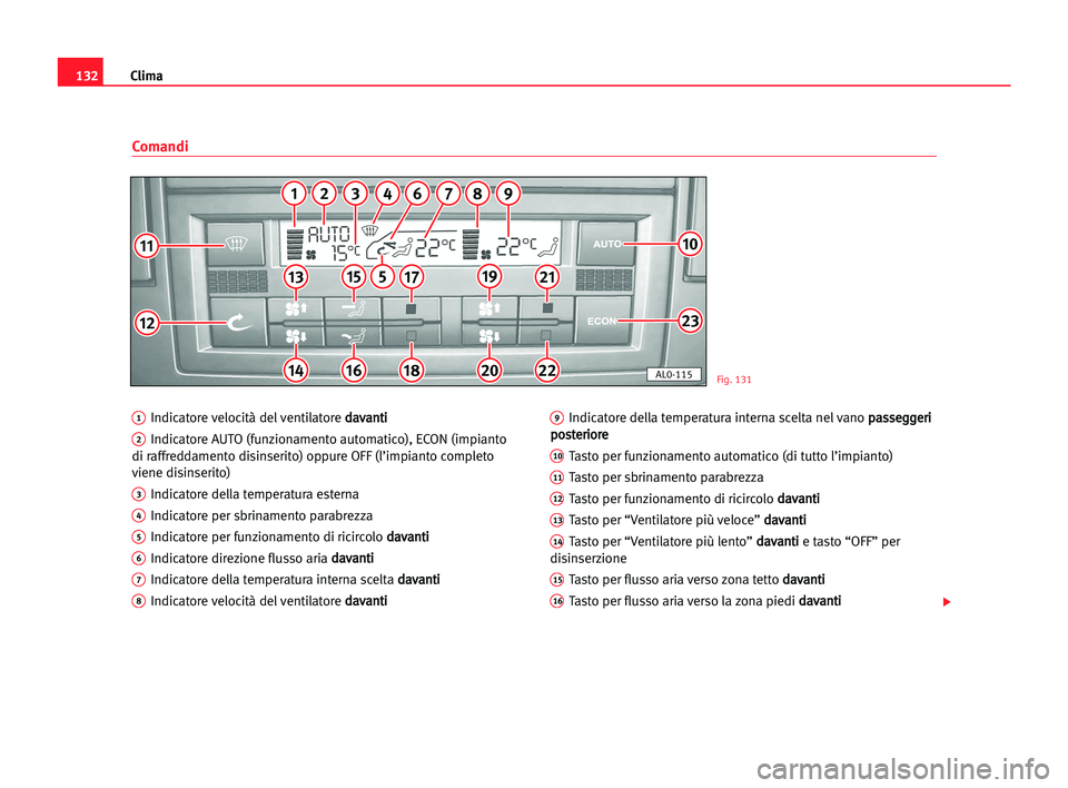 Seat Alhambra 2005 Manuale del proprietario (in Italian) Clima132
1Indicatore velocità del ventilatore d da
av
va
an
nt
ti
i
2Indicatore AUTO (funzionamento automatico), ECON (impianto
di raffreddamento disinserito) oppure OFF (l’impianto completo
viene Seat Alhambra 2005 Manuale del proprietario (in Italian) Clima132
1Indicatore velocità del ventilatore d da
av
va
an
nt
ti
i
2Indicatore AUTO (funzionamento automatico), ECON (impianto
di raffreddamento disinserito) oppure OFF (l’impianto completo
viene