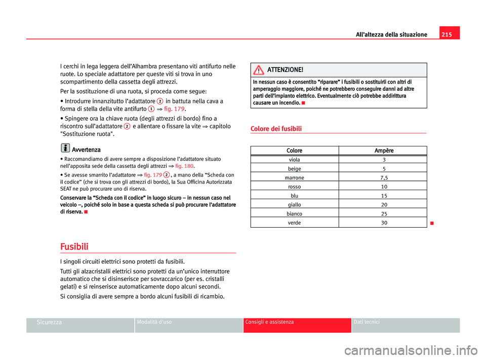 Seat Alhambra 2005  Manuale del proprietario (in Italian) 215 All’altezza della situazione
SicurezzaModalità d'uso Consigli e assistenza Dati tecnici
I cerchi in lega leggera dell’Alhambra presentano viti antifurto nelle
ruote. Lo speciale adattator