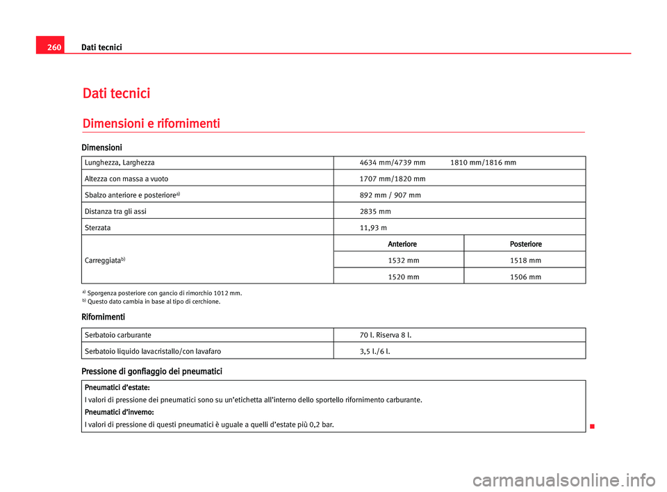 Seat Alhambra 2005 Manuale del proprietario (in Italian) 260Dati tecnici
D
Da
at
ti
i tte
ec
cn
ni
ic
ci
i
D
Di
im
me
en
ns
si
io
on
ni
i ee rri
if
fo
or
rn
ni
im
me
en
nt
ti
i
Lunghezza, Larghezza4634 mm/4739 mm 1810 mm/1816 mm
Altezza con massa a vuoto 17 Seat Alhambra 2005 Manuale del proprietario (in Italian) 260Dati tecnici
D
Da
at
ti
i tte
ec
cn
ni
ic
ci
i
D
Di
im
me
en
ns
si
io
on
ni
i ee rri
if
fo
or
rn
ni
im
me
en
nt
ti
i
Lunghezza, Larghezza4634 mm/4739 mm 1810 mm/1816 mm
Altezza con massa a vuoto 17