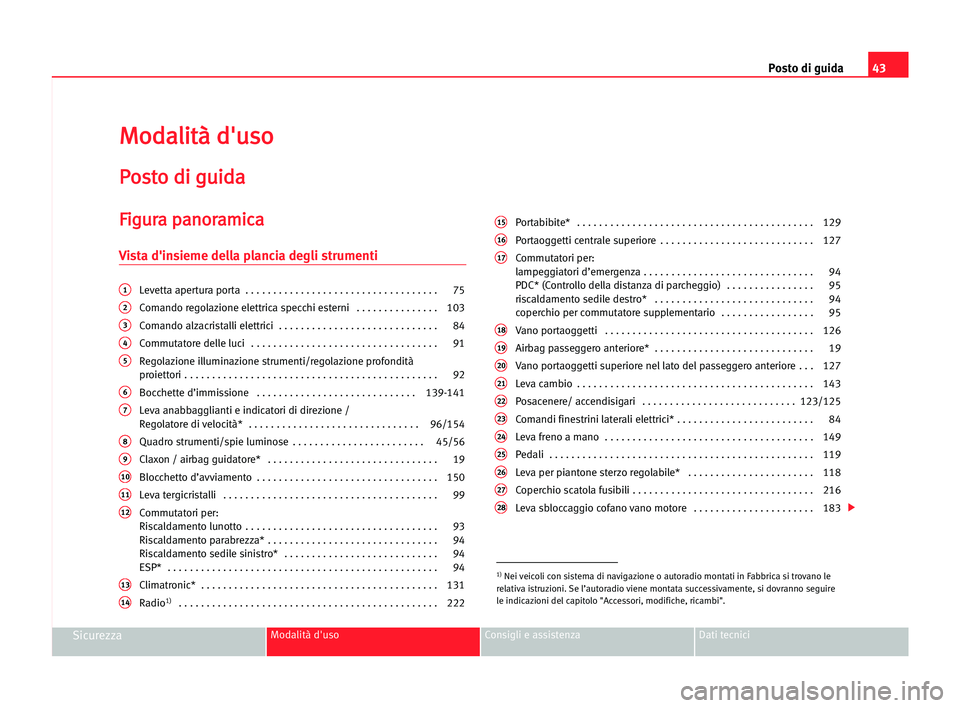 Seat Alhambra 2005  Manuale del proprietario (in Italian) Posto di guida43
SicurezzaModalità d'uso Consigli e assistenza Dati tecnici
M Mo
od
da
al
li
it
tà
à dd'
'u
us
so
o
P
Po
os
st
to
o ddi
i ggu
ui
id
da
a
F
Fi
ig
gu
ur
ra
a ppa
an
no
or
