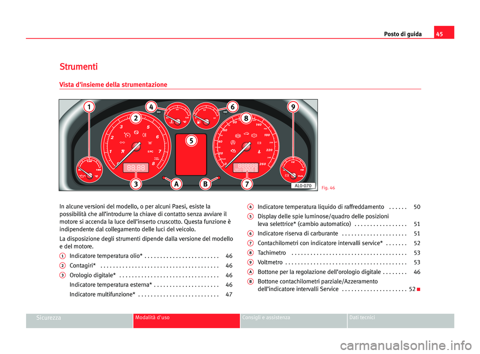 Seat Alhambra 2005  Manuale del proprietario (in Italian) Posto di guida45
SicurezzaModalità d'uso Consigli e assistenza Dati tecnici
In alcune versioni del modello, o per alcuni Paesi, esiste la
possibilità che all’introdurre la chiave di contatto s