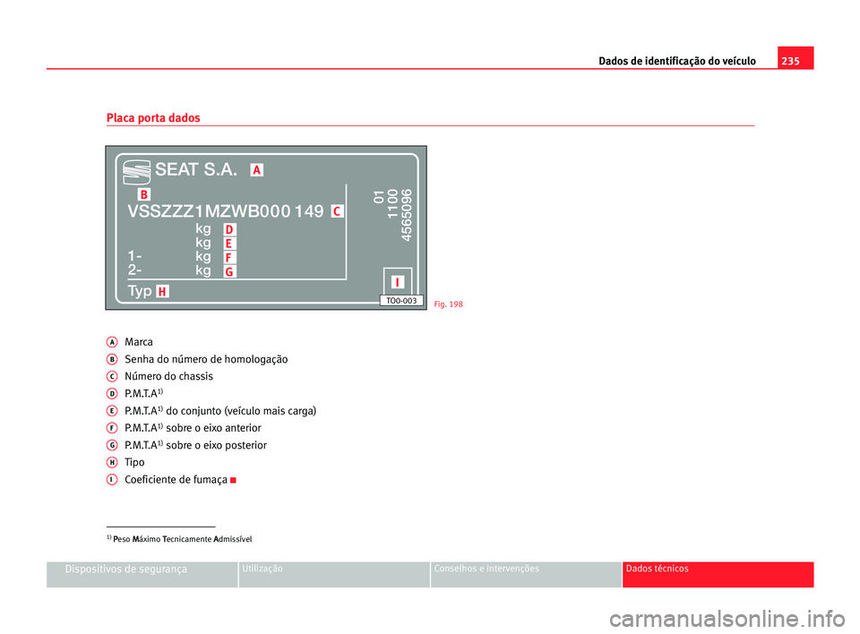 Seat Alhambra 2005 Manual do proprietário (in Portuguese) 235 Dados de identificação do veículo
Dispositivos de segurançaUtilização Conselhos e intervenções Dados técnicos
Placa porta dados
AMarca
BSenha do número de homologação
CNúmero do chas Seat Alhambra 2005 Manual do proprietário (in Portuguese) 235 Dados de identificação do veículo
Dispositivos de segurançaUtilização Conselhos e intervenções Dados técnicos
Placa porta dados
AMarca
BSenha do número de homologação
CNúmero do chas