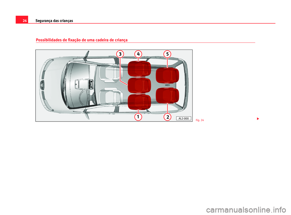 Seat Alhambra 2005  Manual do proprietário (in Portuguese)  26Segurança das crianças
Possibilidades de fixação de uma cadeira de criança
1
45
2
3
AL2-000Fig. 24 