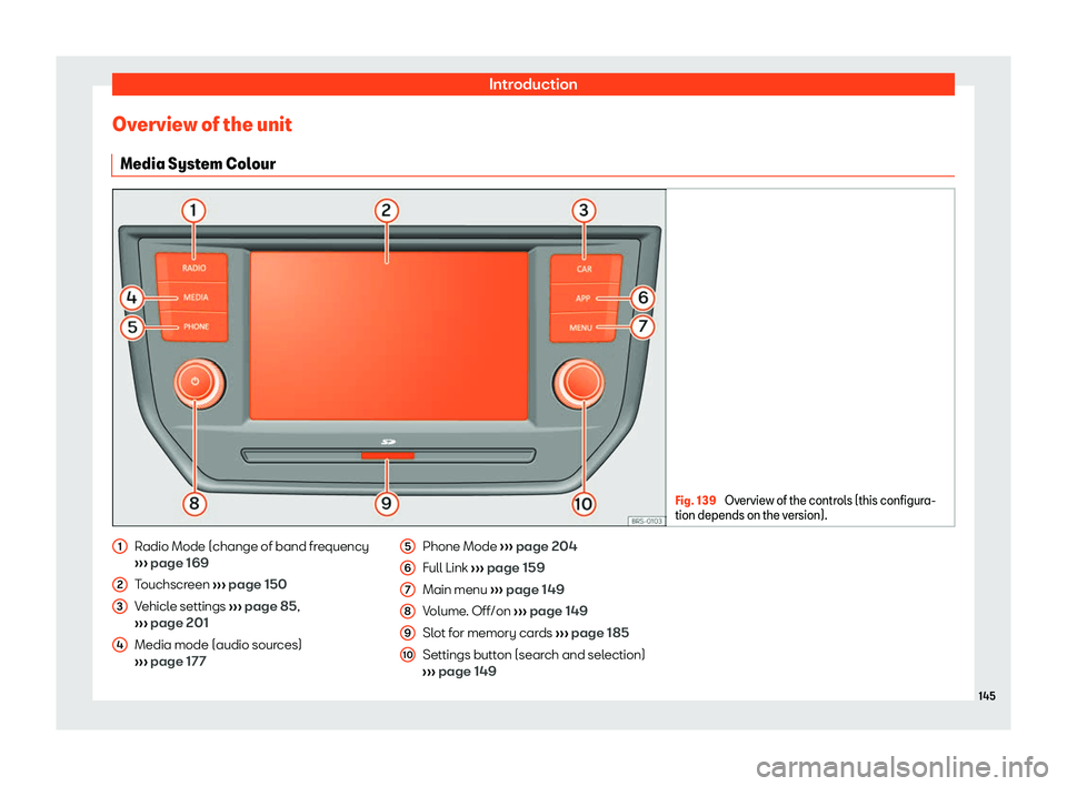 Seat Arona 2020 User Guide Introduction
Overview of the unit Media Syst em Col
our Fig. 139 
Overview of the controls (this configura-
tion depends on the v ersion).Radio Mode (change of band frequency
