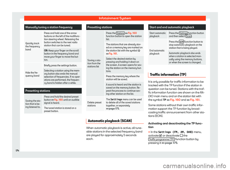 Seat Arona 2020  Owners Manual Infotainment System
Manually tuning a station frequency
Quickly track
the fr equency
band Pr
ess and hol
d one of the arr o w
buttons on the left of the multifunc-
tion steering wheel . R

eleasing th