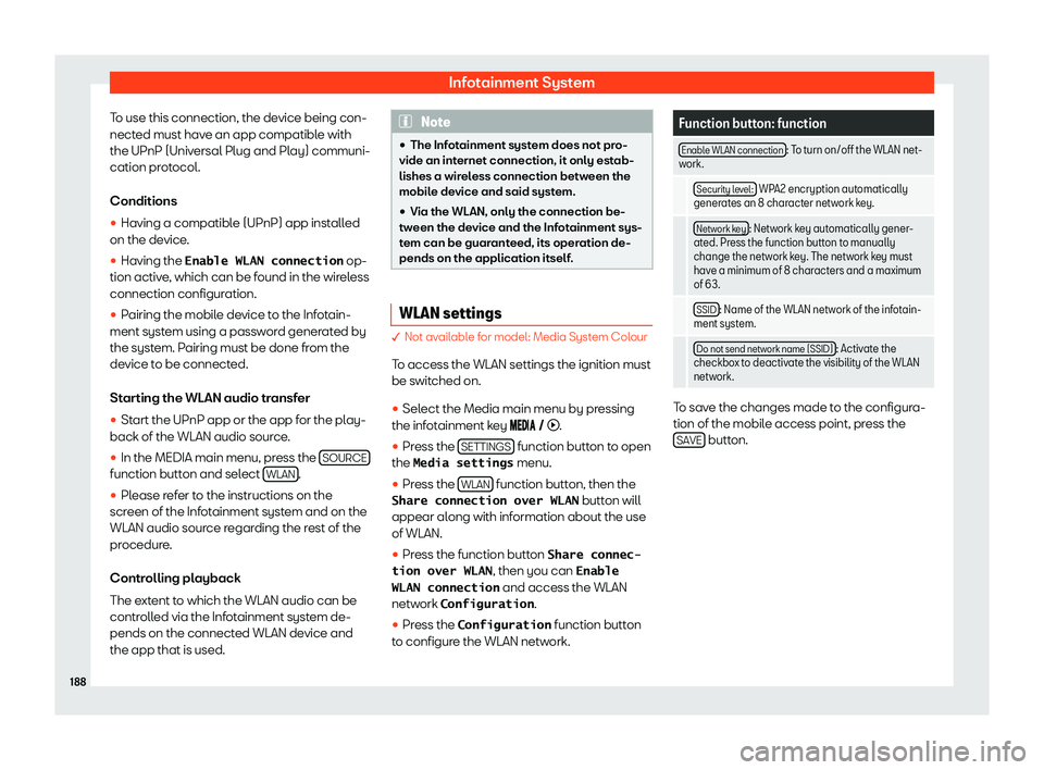 Seat Arona 2020  Owners Manual Infotainment System
To use this connection, the device being con-
nect ed must hav
e an app compatibl e with
the UPnP (Univ ersal Plug and Pl
ay) communi-
cation protocol.
Conditions
