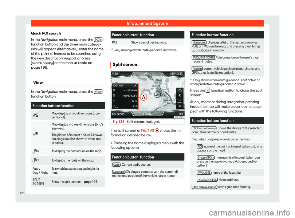 Seat Arona 2020  Owners Manual Infotainment System
Quick POI search
In the Navigation main menu, pr ess the 
POIs function button and the three main catego-
ries will appear
. Alt
ernativ ely, ent
er the name
of the point of int
er