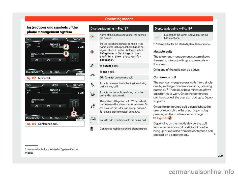 Seat Arona 2020 User Guide Operating modes
Instructions and symbols of the
phone management syst emFig. 197 
Active call. Fig. 198 
Conference call. Display: Meaning 
