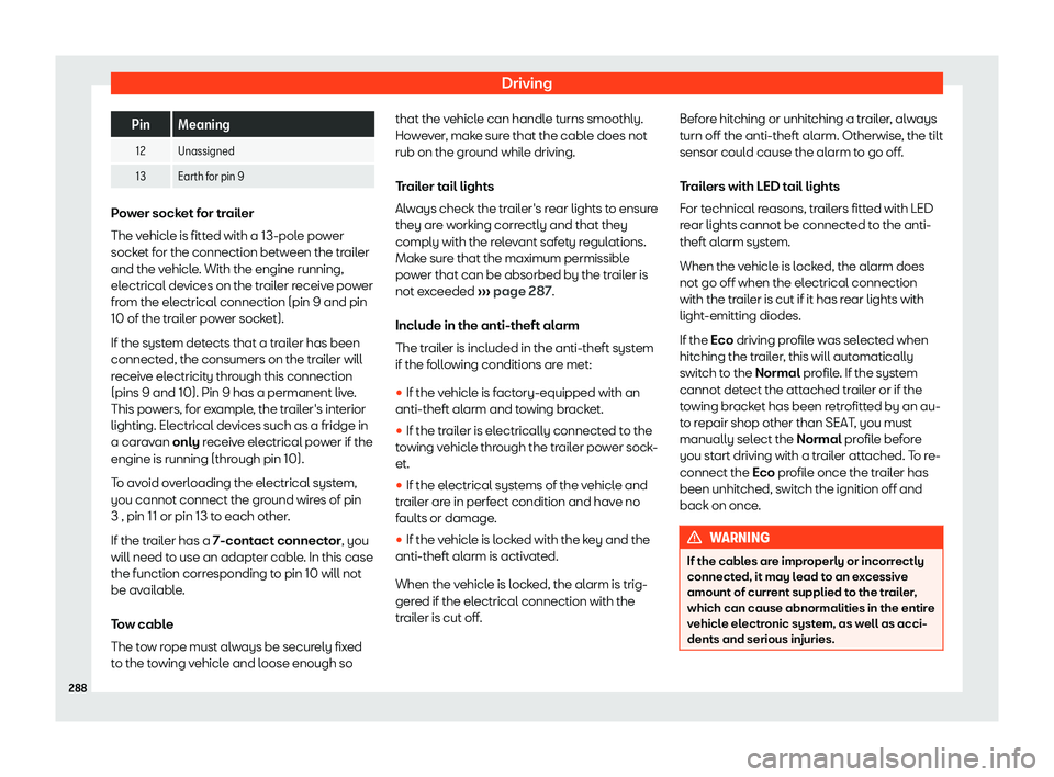 Seat Arona 2020  Owners Manual Driving
Pin Meaning
12 Unassigned
13 Earth for pin 9 Power socket for trailer
The vehicle is fitted with a 13-pol
e po
wer
socket for the connection between the trailer
and the vehicle. With the engin