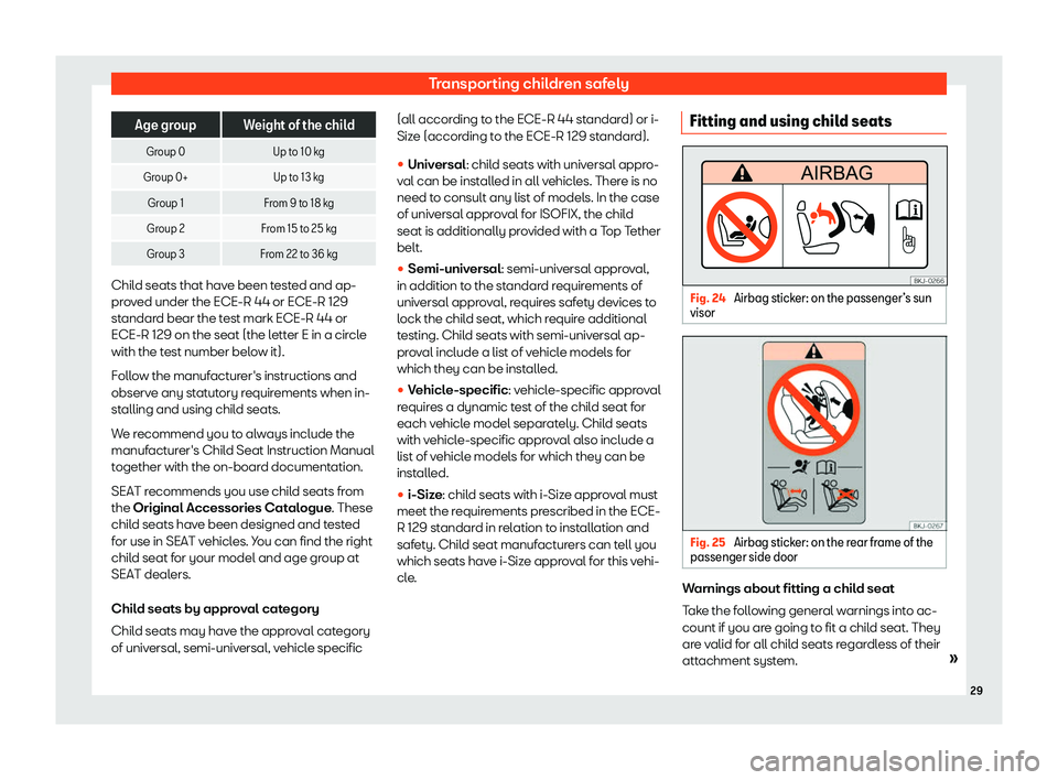 Seat Arona 2020  Owners Manual Transporting children safely
Age group Weight of the child
Group 0 Up to 10 kg
Group 0+ Up to 13 kg
Group 1 From 9 to 18 kg
Group 2 From 15 to 25 kg
Group 3 From 22 to 36 kgChild seats that have been 