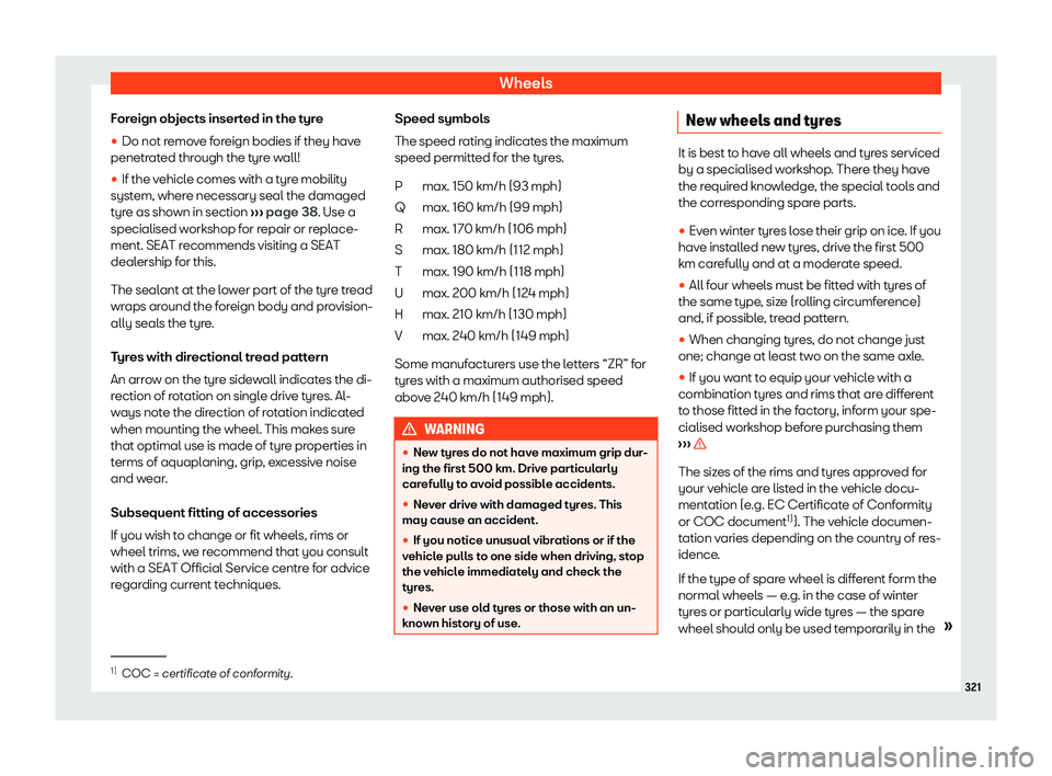 Seat Arona 2020  Owners Manual Wheels
Foreign objects inserted in the tyre
