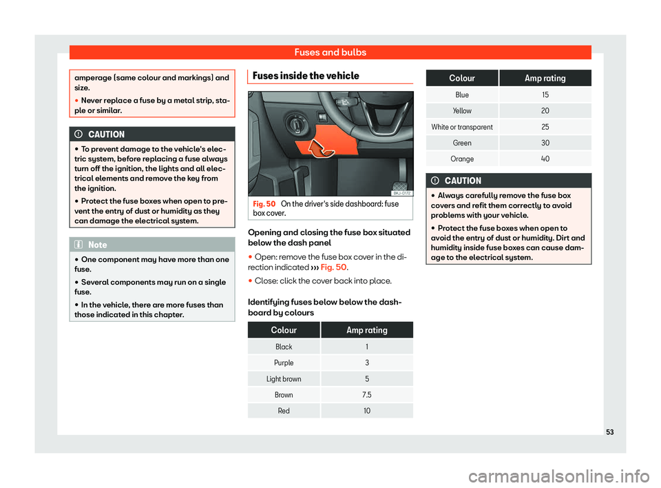 Seat Arona 2020  Owners Manual Fuses and bulbs
amperage (same colour and markings) and
size.
