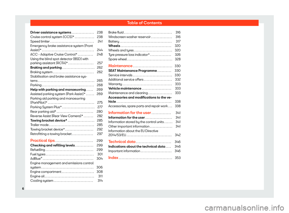 Seat Arona 2020  Owners Manual Table of Contents
Driver assistance systems . . . . . . . . . . . . . . . . 238
Cruise control system (CCS)* . . . . . . . . . . . . . . 238
Speed limiter . . . . . . . . . . . . . . . . . . . . . . .