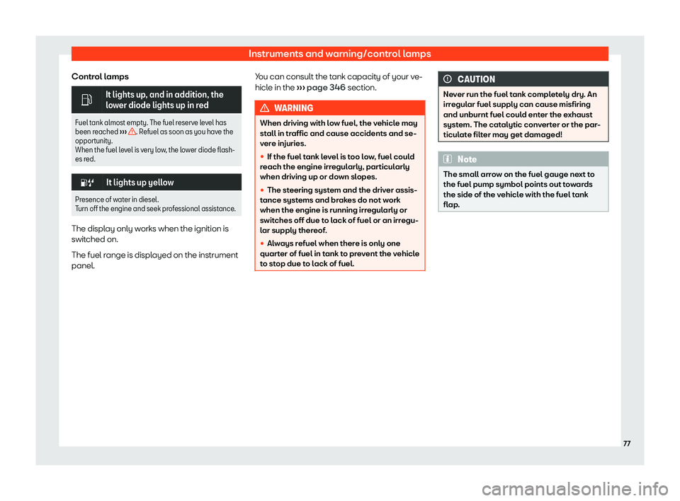 Seat Arona 2020  Owners Manual Instruments and warning/control lamps
Control lamps �
It lights up, and in addition, the
lower diode lights up in r
ed
Fuel t
ank almost empty. The fuel reserve level has
been reached  
