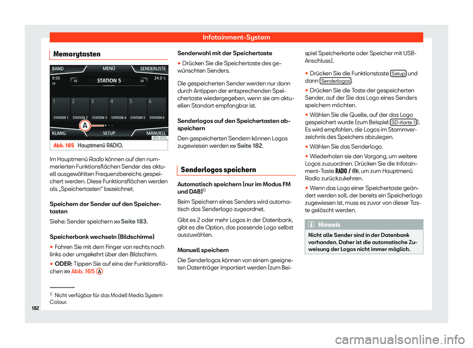 Seat Arona 2020  Betriebsanleitung (in German) Infotainment-System
Memorytasten Abb. 165 
Hauptmen