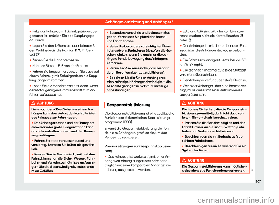 Seat Arona 2020  Betriebsanleitung (in German) Anhängevorrichtung und Anhänger*
