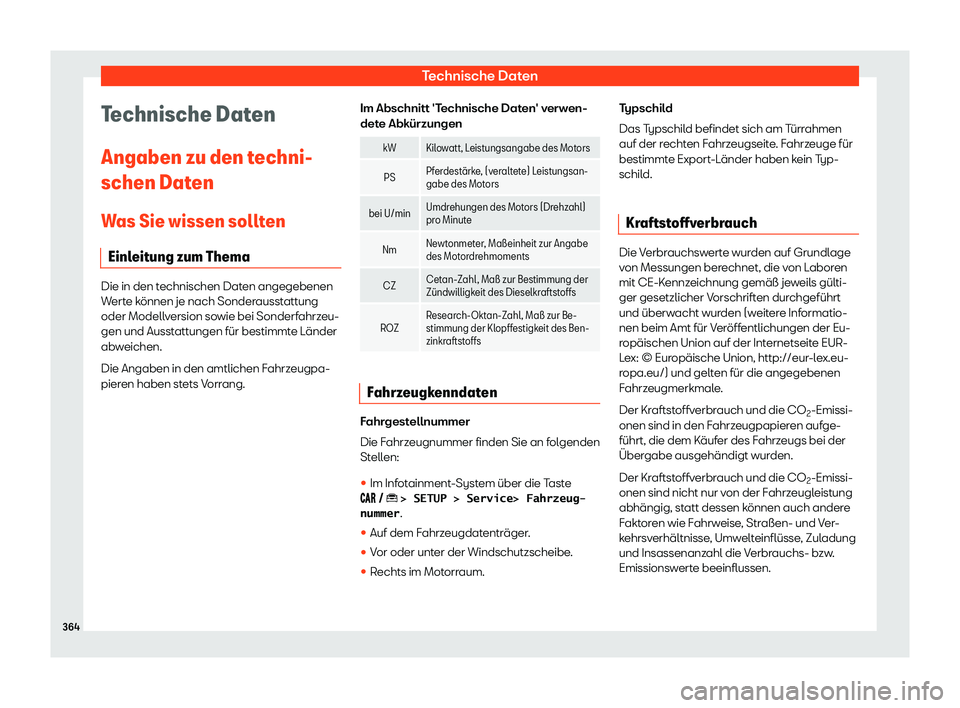 Seat Arona 2020 Betriebsanleitung (in German) Technische Daten
Technische Daten
Angaben zu den t echni-
schen Dat
en
Was Sie wissen sollten Einleitung zum Thema Die in den technischen Daten angegebenen
W
ert
e können je nach Sonderausstattung
o Seat Arona 2020 Betriebsanleitung (in German) Technische Daten
Technische Daten
Angaben zu den t echni-
schen Dat
en
Was Sie wissen sollten Einleitung zum Thema Die in den technischen Daten angegebenen
W
ert
e können je nach Sonderausstattung
o