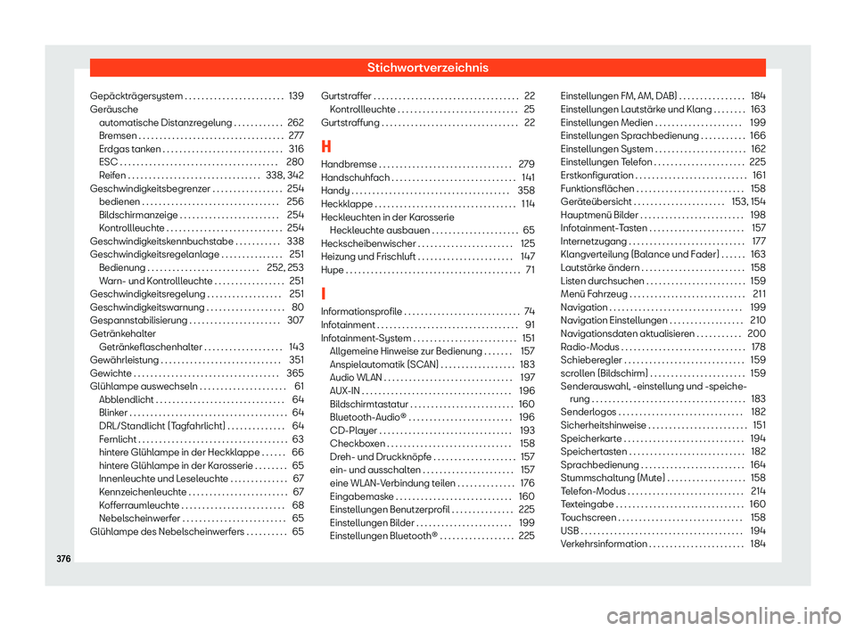 Seat Arona 2020  Betriebsanleitung (in German) Stichwortverzeichnis
Gepäckträgersystem . . . . . . . . . . . . . . . . . . . . . . . . 139
Ger äusche
aut
omatische Distanzregelung . . . . . . . . . . . . 262
Bremsen . . . . . . . . . . . . . . 