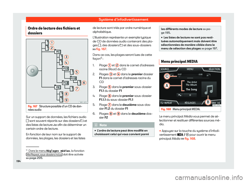 Seat Arona 2020  Manuel du propriétaire (in French)  Système d’infodivertissement
Ordre de lecture des fichiers et
dossiers Fig. 167 
Structure possible d
