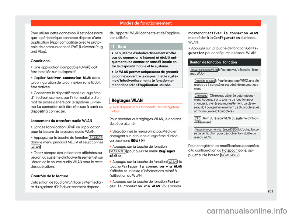 Seat Arona 2020  Manuel du propriétaire (in French)  Modes de fonctionnement
Pour utiliser cette connexion, il est nécessaire
que l e périphérique connect
é dispose d’une
application (App) compatible avec le proto-
cole de communication UPnP (Univ