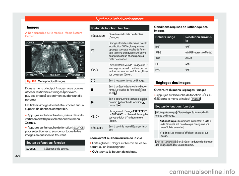 Seat Arona 2020  Manuel du propriétaire (in French)  Système d’infodivertissement
Images � Non disponibl
e sur l e modèle : Media System
Colour Fig. 176 
Menu principal Images. Dans le menu principal Images, v
ous pouv

ez
afficher les fichiers d