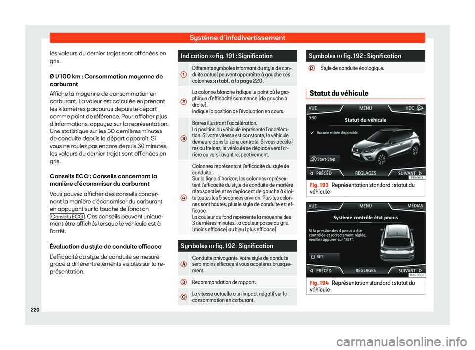 Seat Arona 2020  Manuel du propriétaire (in French)  Système d’infodivertissement
les valeurs du dernier trajet sont affichées en
gris.
∅ l/100 km : Consommation moyenne de
carbur ant
Affiche l
a moyenne de consommation en
carburant. La valeur est