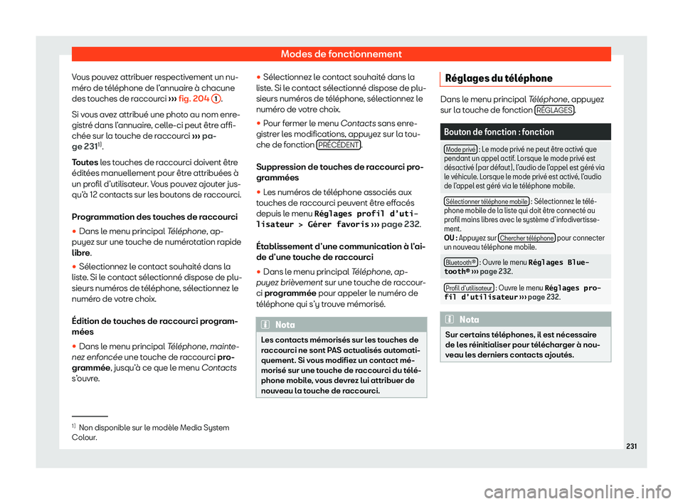 Seat Arona 2020  Manuel du propriétaire (in French)  Modes de fonctionnement
Vous pouvez attribuer respectivement un nu-
mér o de t
éléphone de l’annuaire à chacune
des touches de raccourci  ››› fig. 204 
1 .
Si v ous av

ez attribué une ph