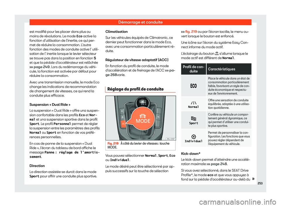 Seat Arona 2020  Manuel du propriétaire (in French)  Démarrage et conduite
est modifié pour les placer dans plus ou
moins de r é
volutions. Le mode �E�c�o  active la
fonction d’utilisation de l’inertie, ce qui per-
met de réduire la consommation