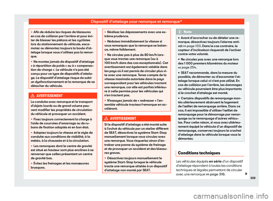 Seat Arona 2020  Manuel du propriétaire (in French)  Dispositif d’attelage pour remorque et remorque*
