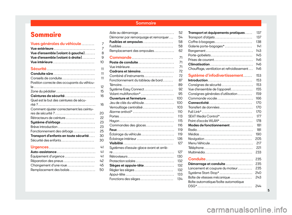 Seat Arona 2020  Manuel du propriétaire (in French)  Sommaire
Sommaire
V ues génér
ales du véhicule . . . . . . . . . 7
Vue extérieure . . . . . . . . . . . . . . . . . . . . . . . . . . . . . 7
Vue d’ensemble (volant à gauche) . . . . . . . 8
Vu