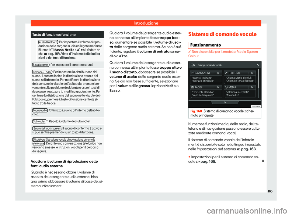 Seat Arona 2020  Manuale del proprietario (in Italian) Introduzione
Tasto di funzione: funzione
  Audio Bluetooth : Per impostare il volume di ripro-
duzione dell e sor
genti audio collegate mediante
Bluetooth 
