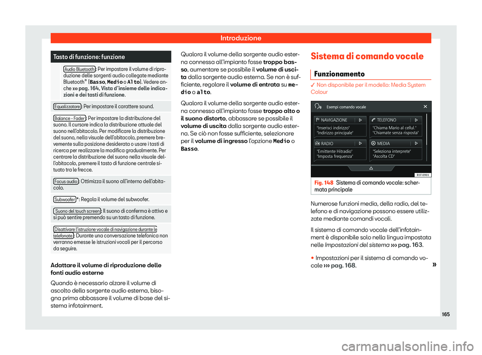 Seat Arona 2020  Manuale del proprietario (in Italian) Introduzione
Tasto di funzione: funzione
  Audio Bluetooth : Per impostare il volume di ripro-
duzione dell e sor
genti audio collegate mediante
Bluetooth 