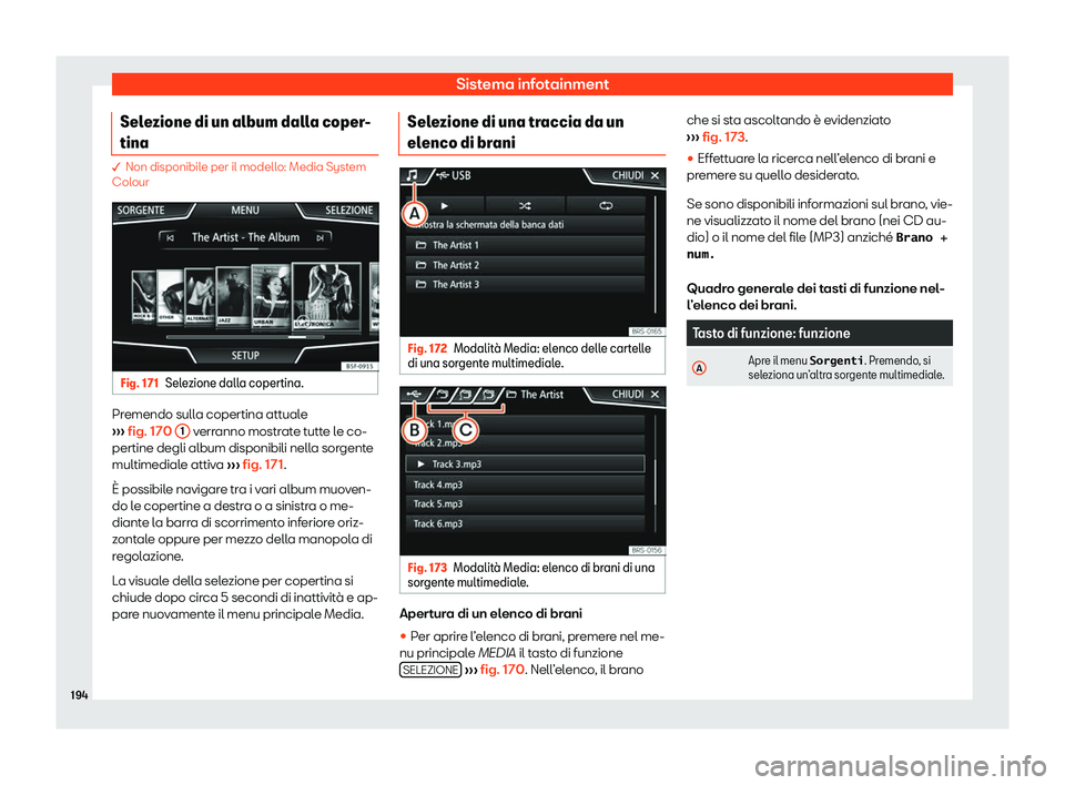 Seat Arona 2020  Manuale del proprietario (in Italian) Sistema infotainment
Selezione di un album dalla coper-
tina � Non disponibil
e per il modell o: Media System
Colour Fig. 171
Selezione dalla copertina. Premendo sulla copertina attuale
› ›

› 