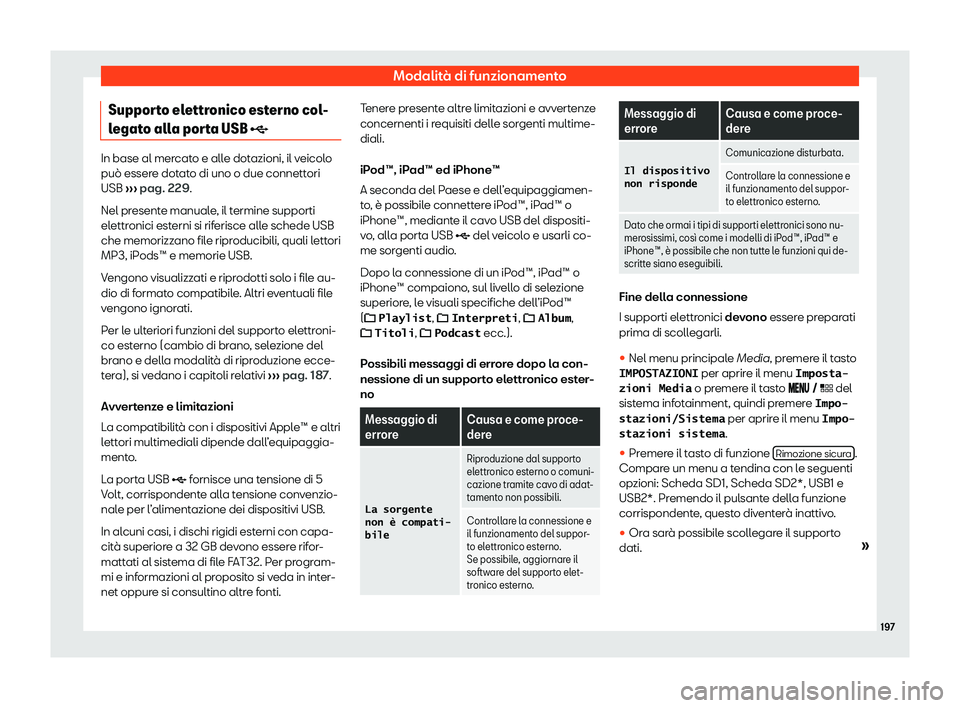 Seat Arona 2020  Manuale del proprietario (in Italian) Modalità di funzionamento
Supporto elettronico esterno col-
l egat
o alla porta USB � In base al mercato e alle dotazioni, il veicolo
può esser
e dot

ato di uno o due connettori
USB  ››› p