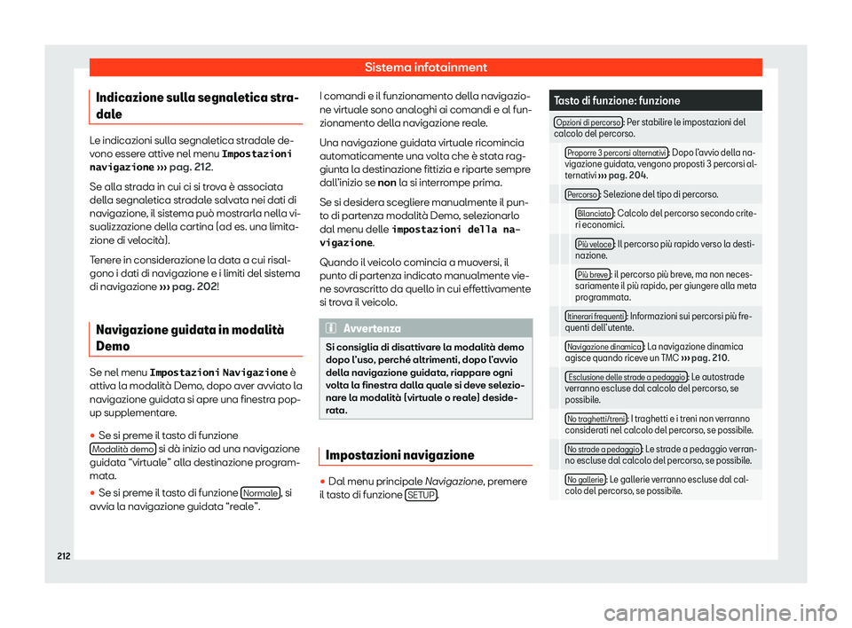 Seat Arona 2020  Manuale del proprietario (in Italian) Sistema infotainment
Indicazione sulla segnaletica stra-
dal e Le indicazioni sulla segnaletica stradale de-
v
ono esser
e attive nel menu �I�m�p�o�s�t�a�z�i�o�n�i
�n�a�v�i�g�a�z�i�o�n�e  
›››  
