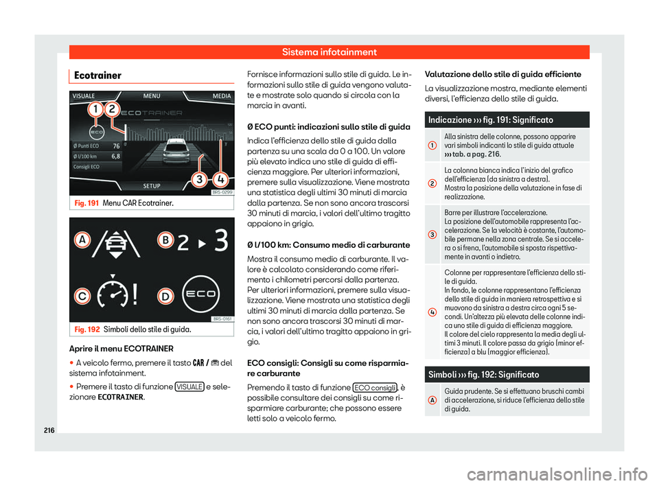 Seat Arona 2020  Manuale del proprietario (in Italian) Sistema infotainment
Ecotrainer Fig. 191
Menu CAR Ecotrainer. Fig. 192
Simboli dello stile di guida. Aprire il menu ECOTRAINER
