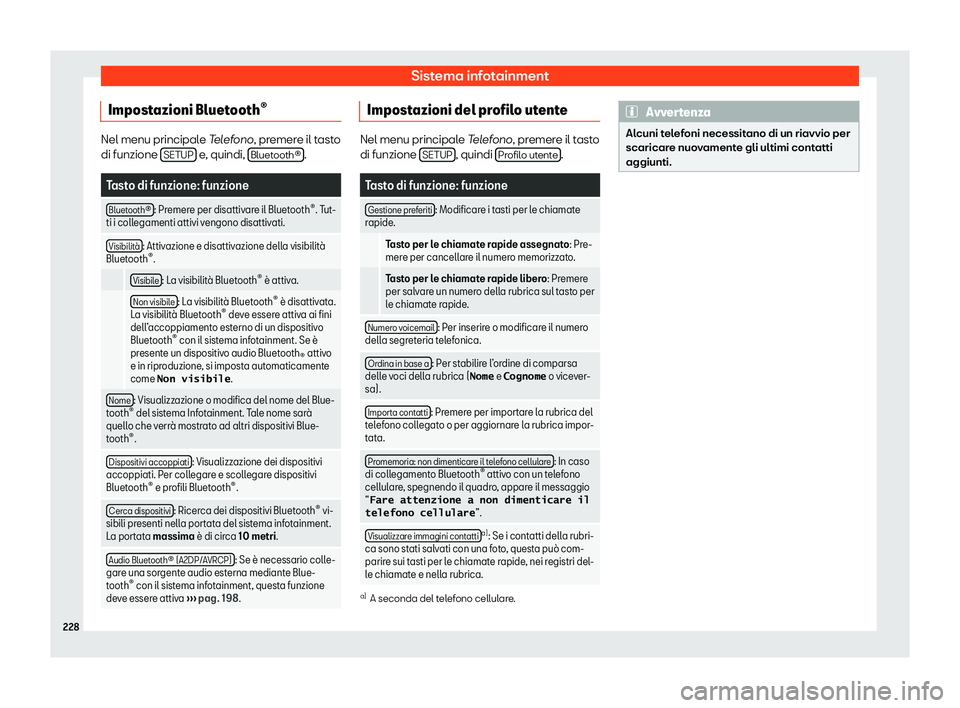 Seat Arona 2020  Manuale del proprietario (in Italian) Sistema infotainment
Impostazioni Bluetooth 