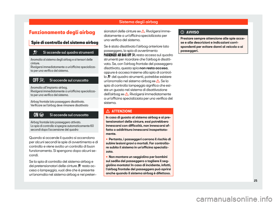 Seat Arona 2020  Manuale del proprietario (in Italian) Sistema degli airbag
Funzionamento degli airbag Spie di contr oll
o del sistema airbag�T
Si accende sul quadro strumenti
Anomalia al sistema degli airbag e ai tensori delle
cintur
 e.
Rivolgersi immed