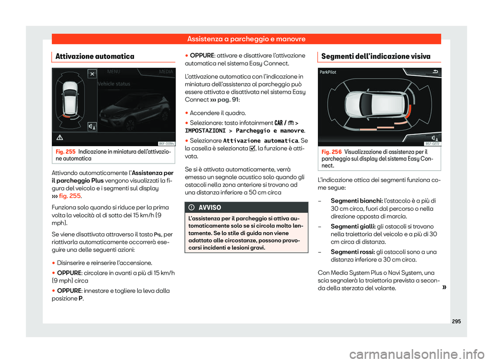 Seat Arona 2020  Manuale del proprietario (in Italian) Assistenza a parcheggio e manovre
Attivazione automatica Fig. 255
Indicazione in miniatura dell