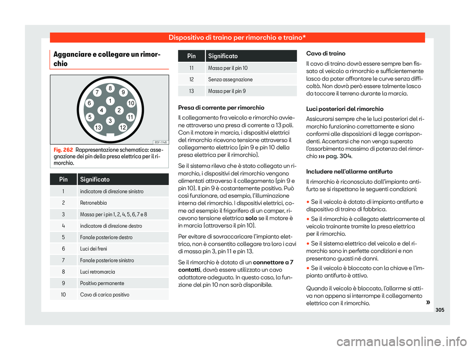 Seat Arona 2020  Manuale del proprietario (in Italian) Dispositivo di traino per rimorchio e traino*
Agganciare e collegare un rimor-
chio Fig. 262
Rappresentazione schematica: asse-
gnazione dei pin dell a pr
esa elettrica per il ri-
morchio. Pin Signifi