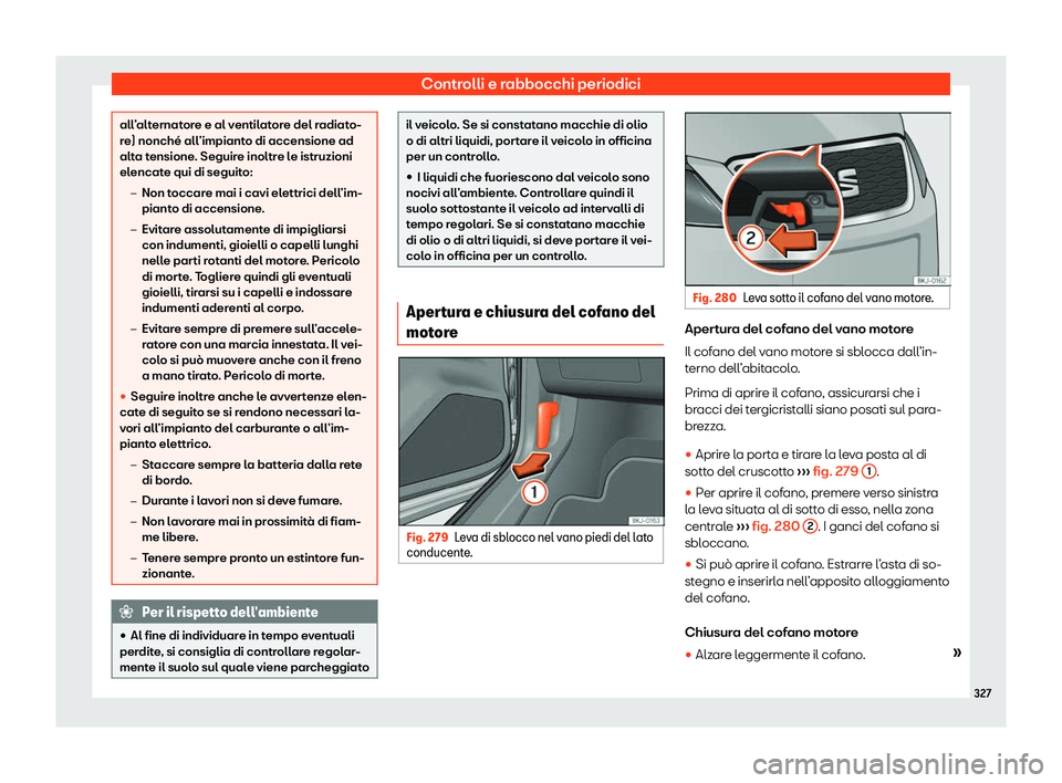 Seat Arona 2020  Manuale del proprietario (in Italian) Controlli e rabbocchi periodici
all’alternatore e al ventilatore del radiato-
r
e) nonché all
’impianto di accensione ad
alta tensione. Seguire inoltre le istruzioni
elencate qui di seguito:
�
