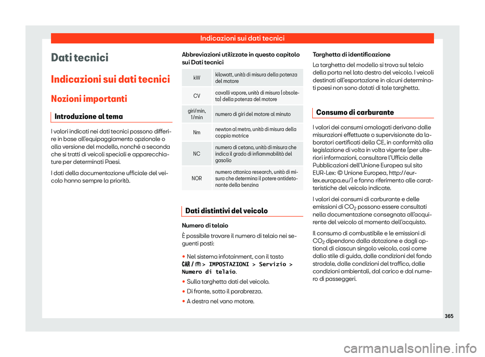 Seat Arona 2020  Manuale del proprietario (in Italian) Indicazioni sui dati tecnici
Dati tecnici
Indicazioni sui dati t ecnici
No
zioni importanti
Introduzione al tema I valori indicati nei dati tecnici possono differi-
r
e in base all

’equipaggiamento