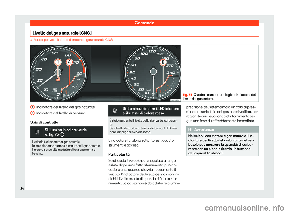 Seat Arona 2020  Manuale del proprietario (in Italian) Comando
Livello del gas naturale (CNG) � V
alido per veicoli dotati di motore a gas naturale CNG Fig. 75
Quadro strumenti analogico: Indicatore del
liv ell
o del gas naturale Indicatore del livello d