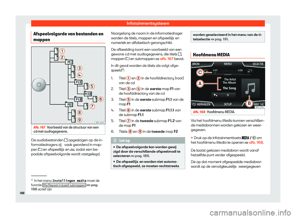 Seat Arona 2020  Handleiding (in Dutch) Infotainmentsysteem
Afspeelvolgorde van bestanden en
mappen Afb. 167
Voorbeeld van de structuur van een
cd met audiogege v
ens. De audiobestanden 
� opgesl agen op de in-
f
 ormatiedragers zij  vaa